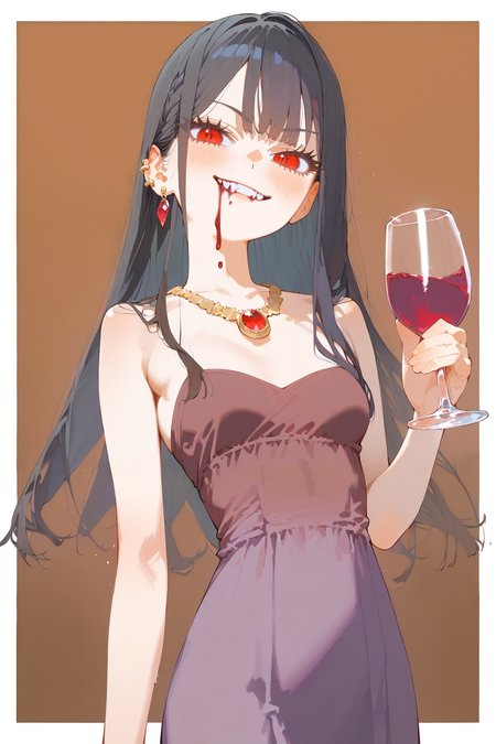 (score_9, score_8_up:1.1),score_7_ up,highly detailed,
BREAK
1girl,petite,Vampire princess,beauty,long black hair,piercing red eyes,purple short dress gold accents,necklace with gemstone,small breast,standing,holding red wine glass,blood dripping from mouth,smirk,<lora:tsuneponyv2:1>,<lora:Illustrations_for_children:1>,<lora:naip33:0.85>,<lora:detailed_notrigger:1>,