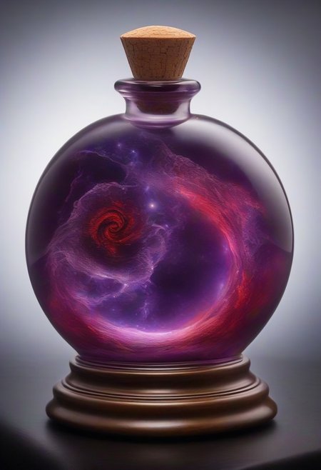 Score_9, Score_8, Photorealistic magic potion, intricate glass bottle, vibrant swirling purple and red colors, ethereal light, wax seal, cork, dynamic reflections, magical aura, highly detailed, fantasy essence, glowing particles, radiant aura