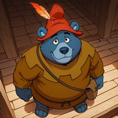 high quality, absurd res, best quality, mature, wrinkles, cartoon, tummigummixl, anthro, male focus, solo, blue bear, brown tunic, red cap with feather, shoulder bag, ultra realistic, photorealism, looking at viewer, from above, standing, light smile,  chubby, 4 fingers,sandals
