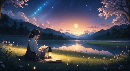 (masterpiece, top quality, best quality, official art, beautiful and aesthetic:1.2)
1girl, sitting on grass, holding a book, night, nighttime sky, lantern lighting up immediate area, stars, end of sunset, colorful sky, peaceful, flowers, fireflies, highly detailed, detailed background, wide shot,   
highres, ultra high res, 4k, 8k, intricate detail, cinematic lighting, amazing quality, wallpaper <lora:aesthetic_anime_v1s:1.2>  <lora:fiasco_A1:1> <lora:add_details_xl:1.2>