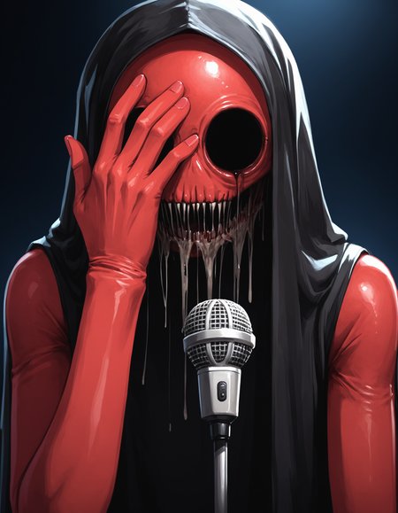 score_9, <lora:The_Grey_Ones:0.6> gr4y0ne, horror \(theme\), alien cultist, large black eyes, close up, withered skin, black veil, solid eyes, concert hall background, upper body, microphone, vibrating waves, folded hands, red skin, speech