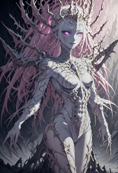 cthulhu, fractal skin, Sexy woman with gold and porcelain white mechanical body, glowing pink eyes, glowing pink skin, cinematic photography, golden cobweb, majestic, awesome, inspiring, closeup, smooth, atmospheric haze, cinamatic composition, soft shadows, national geographic style, golden glow, extremely detailed