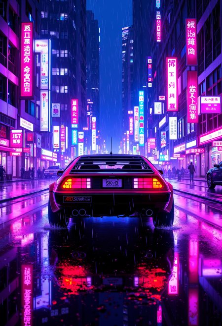 bo-neon, neon-glow, vibrant light, electric pattern, a digital illustration depicting a futuristic, neon-lit cityscape at night, the scene is dominated by a rich, dark red DeLorean dmc-12 from the back, with its sleek, aerodynamic design and iconic rear lights, the car is positioned in the center of the image, slightly off-center, giving a sense of motion, the background features a bustling cityscape with tall buildings, illuminated by numerous neon signs in various colors, including pink, blue, and purple, creating a vibrant, futuristic atmosphere, rain is depicted falling from the sky, adding to the urban ambiance, the ground is wet, reflecting the neon lights and creating a mirror image of the car, the overall style is highly detailed and realistic, with a focus on the car's sleek design and the dynamic, almost ethereal quality of the scene, the illustration captures a blend of realism and fantasy, blending elements of cyberpunk and sci-fi aesthetics<lora:Flux\boFLUX Neon Abyss.safetensors:1.0:1.0>