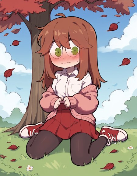 score_9, score_8_up, score_7_up, score_6_up, score_5_up, score_4_up, 1girl, solo, full body, sky, cloud, falling leaves, grass, flower, tree,
<lora:CWew33-20:0.9>  cwew, sketch, flat color, round eyes, brown hair, long hair, green eyes, pink cardigan, collared shirt, white shirt, red skirt, black pantyhose, red footwear, sneakers, ahoge,
blush, nervous, kneeling, small breasts, looking at viewer,