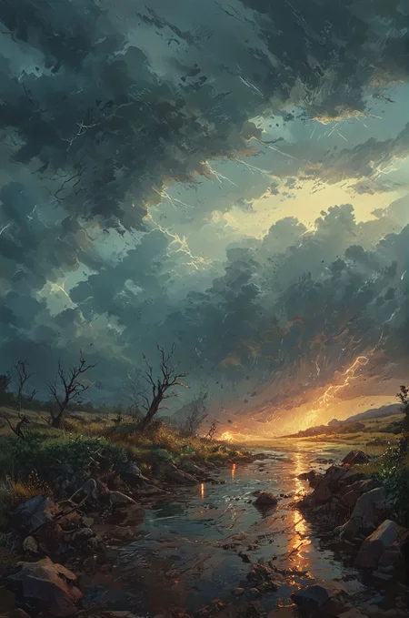 An abstract interpretation of a thunderstorm, with jagged bolts of lightning streaking across a tumultuous sky and torrents of rain lashing down upon a windswept landscape. The scene is charged with tension and energy, capturing the raw power of nature in motion. (masterpiece, award winning artwork)
many details, extreme detailed, full of details,
Wide range of colors, high Dynamic
<lora:EldritchMixIllustration_1.0:1.0>
<lora:add-detail-xl:0.89>
 <lora:xl_more_art-full_v1:0.4> 
 <lora:MJ52:0.4>