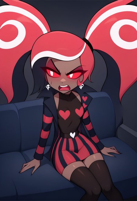 score_9, score_8_up, score_7_up,
masterpiece, best quality, detailed, amazing quality,
detailed background, dark blue, dark grey background, from above,
detailed eyes, clean eyes,
dynamic pose, sitting on couch, blue couch,
1woman,
Velvette, petite, twin ponytails, small breasts, wide hips, dark skin, striped skirt, black thighhighs,
shocked, disgusted, looking away, angry,
easynegative