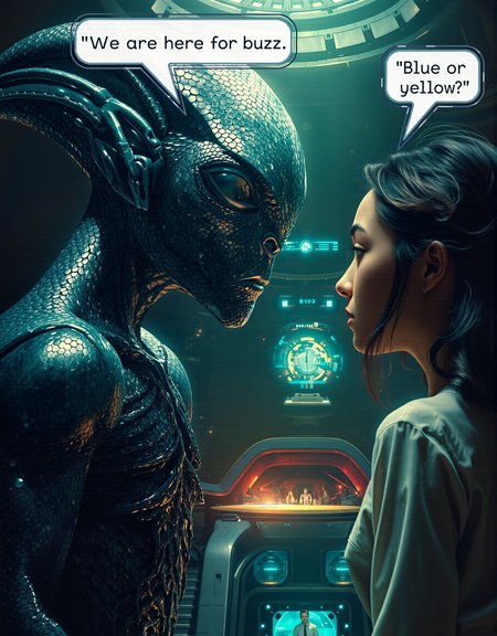 Imagine a captivating scene unfolding in a mysterious, dimly lit alien spacecraft. A strikingly detailed alien, with intricate scales shimmering under the artificial light, stands before a woman, her expression a mix of awe and curiosity. The alien's speech bubble says "we are here for buzz". the woman replies in a speech bubble "blue or yellow?". The play of shadows and light creates a sense of depth and realism, enhancing the intricate textures of the alien's otherworldly features. The environment is filled with advanced technology and glowing panels, adding to the scifi atmosphere. The image captures the moment with a cinematic quality, drawing viewers into this extraordinary encounter between two distinct beings. Create this visually stunning and immersive artwork that brings this otherworldly interaction to life with a blend of realism and scifi intrigue.