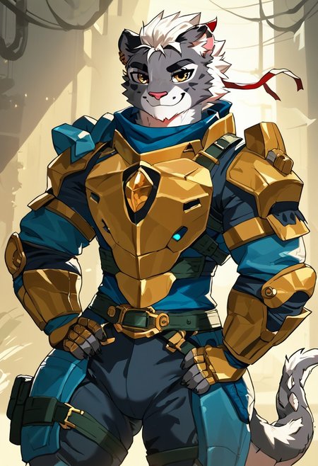 score_9, score_8_up, score_7_up, source_furry,
SFW,
By yelftea, by noctoc, by blackwhiplash, warcraftstyle,
background,sci-fi, rich colors
solo, manul, cyborg, girly guy, tall, athletic, buff, daring, gray fur, white hair, short hair, gold eyes, detailed face, sharp smile, manul tail
 Hydraulic armor, all honeyed and sticky