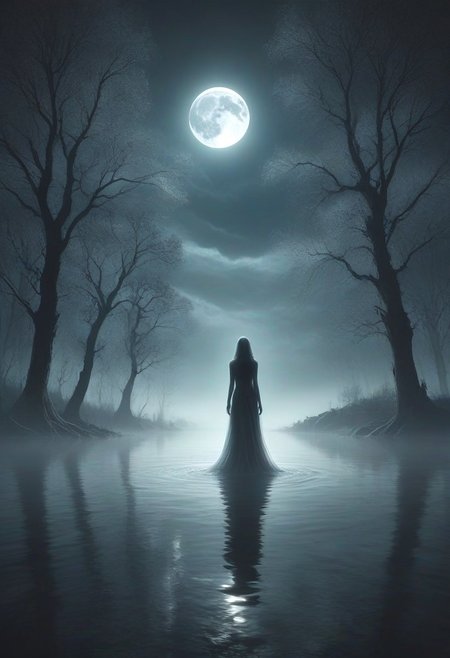 Create an image of a (mysterious ghostly figure made of mad-wsps:1.2) floating above an eerie lake scene under the moonshine. The ghost should have a translucent, ethereal appearance with faintly glowing edges. The lake should be calm, with dark, reflective water that captures the moon's glow. Surrounding the lake, there should be dense, shadowy trees partially shrouded in mist.  The sky is clouded, allowing the moon to cast an eerie light through gaps in the clouds, adding to the ghostly ambiance. Overall, the scene should feel chilling and otherworldly, with a haunting, mysterious atmosphere <lora:Elemental_Wisps_SDXL:0.7>, (masterpiece:1.2), best quality, (hyperdetailed, highest detailed:1.2), high resolution textures, (beautiful silhouette of a female:1.6), slim body