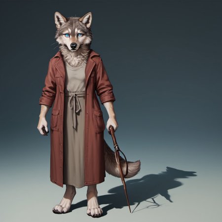score_9, score_8_up, score_7_up, source_furry, detailed face, detailed eyes, incredible detail BREAK 1girl, solo, anthro, wide shot (furry female, wolf, light brown fur, monotone fur, light blue eyes,slightly wide hips, small breasts), black nose, whiskers, holding bow, wearing a hunter clothes, shy posee, ear flop, solo, looking at viewer, drop shadow, full body
