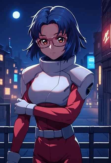 score_9, score_8_up, score_7_up,city view, 1 female,night view, moonlight,juriwunien, brown eyes, blue hair, short hair, glasses, pilotsuit