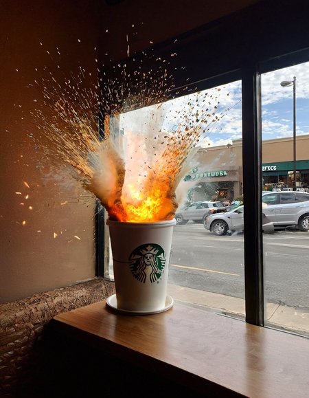 Explosion Artstyle coming from inside a starbucks coffee cup, overpriced, woke, surreal, disturbing, photorealistic, high resolution, beautiful, highest quality, masterpiece, highly detailed,  <lora:add-detail-xl:0.85> <lora:Explosion Artstyle - Trigger is Explosion Artstyle:1>
