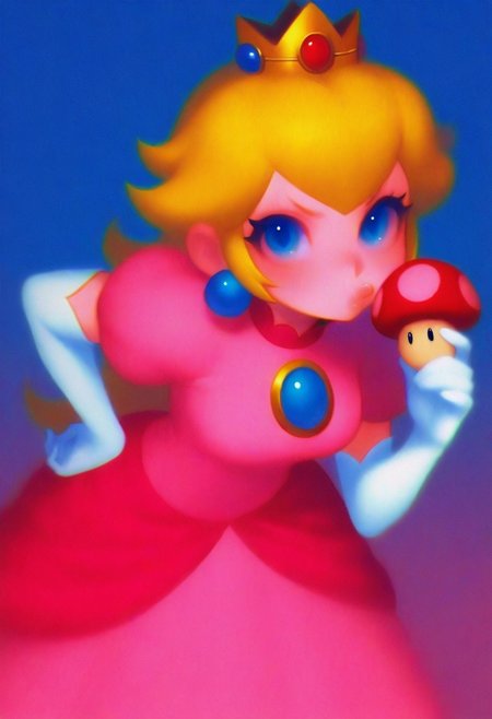 petrasvoice,  masterpiece, grainy, colourful background, princess peach, pink dress, crown, leaning forward, big sparkly blue eyes, hand on hip, pouting, holding a mushroom,