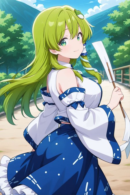 absurdres, highres, masterpiece, best quality, amazing quality, official anime artwork, screencap, anime screencap, outdoors, looking at viewer, light smile, dynamic pose, 
 <lora:Sanae-Kochiya_IllustriousV2:1> kochiya sanae, 1girl, solo, green eyes, green hair, long hair,, frog hair ornament, hair tubes, snake hair ornament, collared shirt, white shirt, detached sleeves, wide sleeves, blue skirt, frilled skirt, holding gohei, from the side,