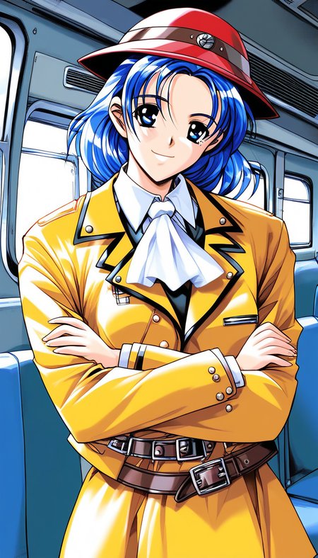 score_9, score_8_up, score_7_up, source_anime, rating_explicit, BREAK <lora:Nonomura_Misato_XL:1>Nonomura_Misato, blue hair, blue eyes, medium hair, medium breastsãbraid, 
bus guide, 1girl, solo, red hat, ascot, smile, Yellow jacket, 
1990s (style),  looking at viewer, v arms, skirt, long sleeves, shirt, belt, uniform,