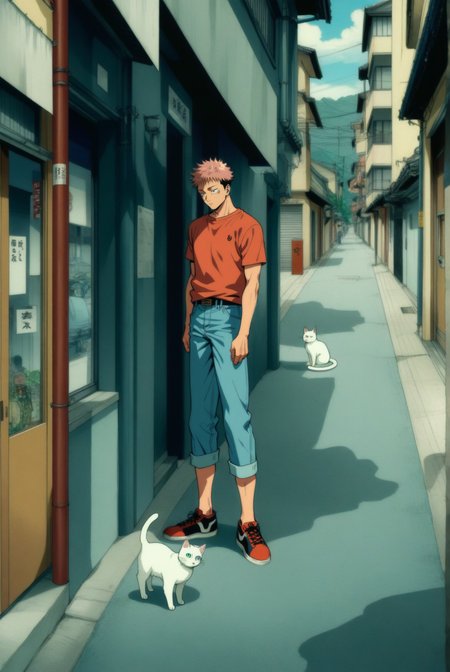 1boy, male focus, itadori yuuji, jujutsu kaisen , (90s anime style:1.5), front view, outdoors, street view, (looking down:1.3), perfecteyes, shirt, denim shorts, (a single white cat sitting next to them) <lora:detailed_notrigger:1> <lora:ParchartXL_CODA:0.2> <lora:Isometric Cutaway:1> <lora:PerfectEyesXL:1> <lora:Surreal Harmony:0.2>