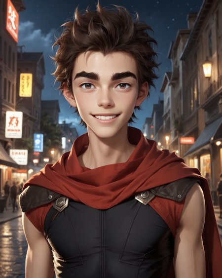 score_9, score_8_up, score_7_up, intricate details, rating_questionable,
<lora:homri52:1>
,
<lora:Mylo_Arcane:0.8>, 1boy(mylo, young man, slender, brown hair, thick eyebrows, thin, looking at the viewer, solo, happy, 
red cloak, sleeveless tight bodysuit), outdoors, at night, darkness
,
4k,
detailed background, depth of field, 
<lora:ral-chrosc-clr:0.5>, ral-chrosc-clr,
<lora:Expressive_H:0.5>, Expressiveh,
<lora:xl_more_art-full_v1:0.3>,
<lora:add-detail-xl:0.3>,