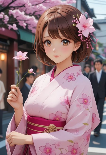 Create an image of a beautiful Y4ek0, woman with a soft, fair pink complexion and a sweet, vibrant expression. She has bright brown eyes and short elegantly brown hair adorned with a delicate hairpin. She wears a refined white Japanese kimono with soft pink patterns, giving her a noble, graceful appearance. She holds a small pink wish flower in her hand, adding a sense of reverence to her character. She walks through the streets of Tokyo, where people are blurred in motion around her, creating a lively atmosphere. The focus remains on her and the enchanting street scene, with clear details of the wish flower hanging all around.