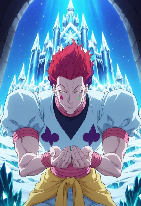masterpiece, best quality, , anime screencap, , official style, looking at viewer, 1boy, solo, male focus, <lora:hisoka_morow_ilxl:0.92>, hisoka_morow, red hair, yellow eyes, facial mark, star \(symbol\), ice castle, frost patterns, crystal windows, frozen throne, royal pose, dignified expression, morning light,