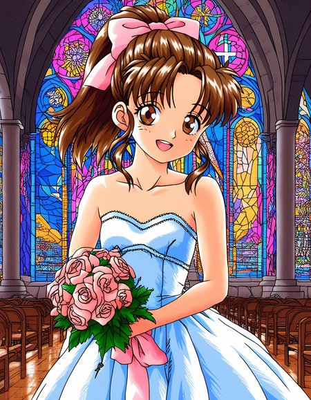 score_9, score_8_up, score_7_up, source_anime, rating_explicit, BREAK   <lora:Nut_Berry_girl_XL:0.9> Nut_Berry_girl, brown hair, brown eyes, ponytail, small breasts, long hair, pink bow, smile, open mouth,
1girl, wedding dress, church, flower, bouquet, church, Stained glass,holylight,
smile,
looking at viewer, 
cowboy_Shot,
