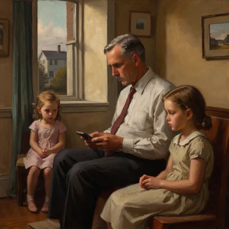 a father plays on his iphone while his young daughter looks on, sad, longing, hope less, edward hopper  <lora:ClassipeintXL2.1:1> oil painting