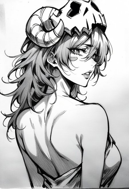 (masterpiece), (best quality), (ultra-detailed), 
1girl, solo,  gorgeous lips, an elegant face, 
light particle, particle, shadow, nelliel tu odelschwanck, bleach, detailed lips , black detailed pupils, from back, back,
simple background, background white sheet of paper, 
monochrome, greyscale, traditional media,  petting, drawn with pencil, sketch, detailed lines, 
sketch, manga page, manga style ,
pencil sketch style, soft shading, soft delicate features,