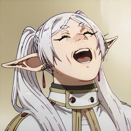 score_9, score_8_up, score_7_up masterpiece, best quality, newest, absurdres, highres, JJJlaughV1.1 laugh, head leaning back, open mouth, closed eyes, head leaned back, leaned back, 1girl, sfrieren, elf, white hair, twintails, 
