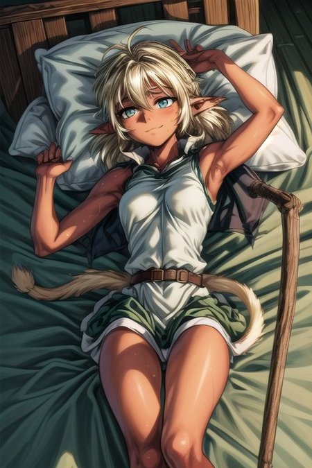best quality, ultra-detailed, (1girl, solo,fam, unkempt hair, blonde hair, (green eyes:1.5), Seductive Eyes, pointy ears, Small breasts, dark skin, dark-skinned female, elf, long pointy ears, tail, smile, tutu skirt, Cape, Shy, Lying, Lying Back, Lying down, sweat, solo focus, lying, armpits, on back pillow, bed, sleeveless,