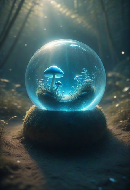 photographyGlass ball, inside a dimly lit cavern, magical light blue mushroom, everything contained in a glass sphere, crystal statue of mushrooms inside the glass ball, night, glowing, sea background, 
(quantum waveform:0.7)