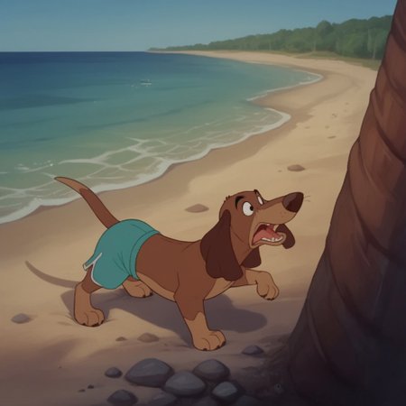 score_9, score_8_up, score_7_up, score_6_up, score_5_up, score_4_up, source_furry, ItchyItchiford, feral, male, Dachshund, brown fur, swim trunks, at the beach