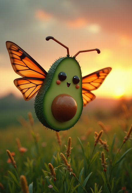 analog photo, Kodak Portra 400 vibe, macro close-up aerial view,  cute kawaii half avocado with core seed monster with moth wings with large googly eyes and sharp mouth, inspired by Chris Ryniak and Gemma Correll, flying on green fields happily in a cloudy sky, vibrant tones , cinematic hdr dramatic orange pink sunset lighting backlit vaporwave gloomy
