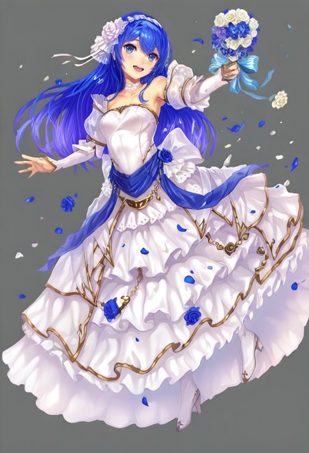 1girl, dress, wedding dress, blue hair, long hair, flower, blue eyes, solo, hair ornament, open mouth, hair flower, bride, bouquet, high heels, strapless, breasts, smile, white dress, simple background, full body, strapless dress, grey background, bare shoulders, blue flower, official alternate costume, looking at viewer <lora:yoshikuXL_NBVP1_lokr_V6311P:0.95>