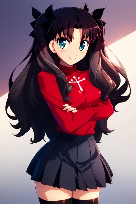 score_9, score_8_up, score_8, medium breasts, (curvy), cute, eyelashes,       BREAK, , BREAK, <lora:rin-tohsaka-ubw-ponyxl-lora-nochekaiser:0.8>, rin tohsaka, aqua eyes, black hair, hair ribbon, long hair, ribbon, sidelocks, two side up, parted bangs, black skirt, black thighhighs, long sleeves, miniskirt, pleated skirt, red sweater, skirt, sweater, thighhighs, turtleneck,, <lora:Konpeto_PDXL_v3:1.0>, , BREAK,  smile, looking at viewer, cowboy shot,  embedding:zPDXL, Expressiveh, <lora:SDXLFaeTastic2400:0.5>,  <lora:Expressive_H-000001:0.4>,