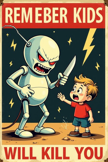 Generate an image in the style of a vintage 1950s public service announcement or propaganda poster. The image should be a warning sign with a dark humor theme. Depict a menacing, personified electricity bolt character holding a knife and pointed at a terrified cartoon child. Include the text "REMEMBER KIDS" and "ELECTRICITY WILL KILL YOU".  Use a bold, vintage font, a red, white, and black color scheme, lightning bolt symbols and a grainy texture. Keywords: vintage cartoon, propaganda poster, 1950s, public service announcement, warning, electricity, danger, funny, dark humor, retro  <lora:REMEs_War_Poster_Style:0.9> In REME's War Poster Style,âââ
