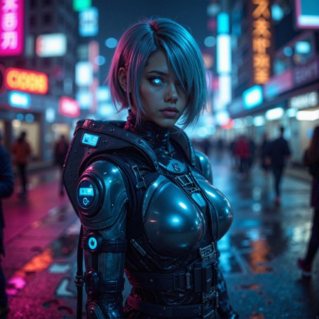 aidmaHyperrealism, aidmarealisticskin, Hollywood Cinematic Film style, epic photography, dramatic light, Kodak film style
A high-tech cybernetic warrior stands in a neon-lit futuristic metropolis, her short, icy-blue hair glistening under the ambient city lights. Her striking, glowing blue cybernetic eyes reflect the advanced AI systems embedded in her neural network. She wears a next-gen armored bodysuit crafted from a fusion of nanotech-infused polymers and reinforced alloy plating, adorned with holographic interface displays and intricate biometric patterns. The ultra-detailed design highlights the micro-textures of her skin and the illuminated circuitry seamlessly integrated into her suit. The cyberpunk city in the background is alive with flickering neon signs, deep blues, and vibrant purples, casting ambient reflections onto her advanced armor. The composition exudes a sense of power, mystery, and cutting-edge sci-fi aesthetics. Ultra-HD, 8K, cinematic close-up, hyperrealistic skin textures, extreme detail, neon reflections.
 <lora:MoriiMee_Gothic_Niji_Style_FLUX:0.6> <lora:aidmaRealisticSkin-FLUX-v0.1:0.25>