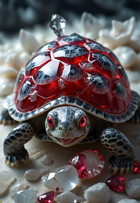Masterpiece,best quality,highresolution,very aesthetic,realistic style,very detailed eyes,rp_slgd

Close-Up Shot,from above,
background,white grey themed
Crepuscular rays,Caustic refelection

white gold turtle with translucent red gem for shell,turtle neckless,