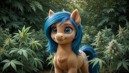 score_9, score_8_up, score_7_up, score_6_up, score_5_up, score_4_up, pony, mare, female, solo, oc, oc only, brown fur, blue hair, detailed, beautiful, cute, hnnng, daaaaaaaaaaaw, weapons-grade cute, (fluffy:0.8), chest (fluff:0.7), ear (fluff:0.7), cheek (fluff:0.7), fur, big eyes, outdoors, in a field, surrounded by marijuana plants, marijuana, weed, looking to the side, smiling, photo, realistic, detailed background,  <lora:Wholesome-MLP-v1.3b:0.3> <lora:marijuana2XLP:0.6>