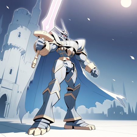 score_9, score_8_up, score_7_up, rating_safe,newest,makoto shinkai,1990s_(style),retro anime,1boy,solo,alphamon,digimon,masterpiece,detailed,best quality,safe,cape,standing,full body,energy sword,holding sword,hdr,dof,moonlight greatsword,indoors,castle