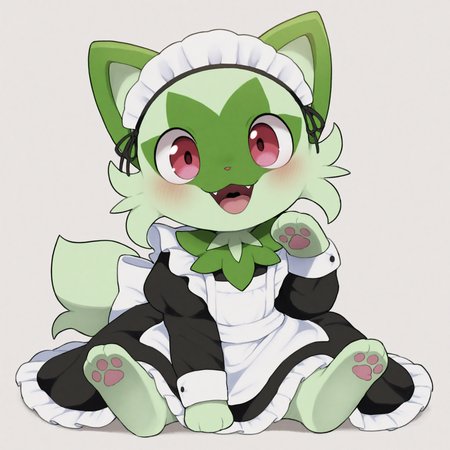 1girl,furry female,feral,pokemon \(creature\),sprigatito,cub,cat girl,tail,red eyes,green fur,two-tone fur,animal nose,body fur,animal hands,animal feet,3 fingers,3 toes,
(dagasistyle:0.9),(rememx:0.7),solo,animal focus,(simple background:1.1),white background,(straight-on:0.8),(full body:1.1),
sitting,hand up,pawpads,
open mouth,fangs,smile,looking at viewer,
clothed pokemon,(maid:1.1),black dress,long dress,maid headdress,huge bow,
juliet sleeves,long sleeves,frilled dress,frills,
masterpiece,best quality,highres,absurdres,newest,very awa,uncensored,
