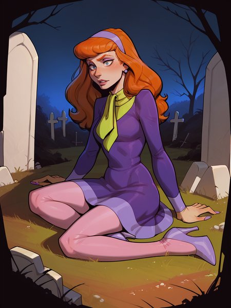 score_9, score_8_up, score_7_up, score_6_up, score_5_up,  <lora:DaphneBlakeXLP:0.6> daphne blake, 1girl, solo, hairband, long hair, pantyhose, orange hair, dress, high heels, graveyard, night,   <lora:1nc4s3XLP:1> 1nc4s3