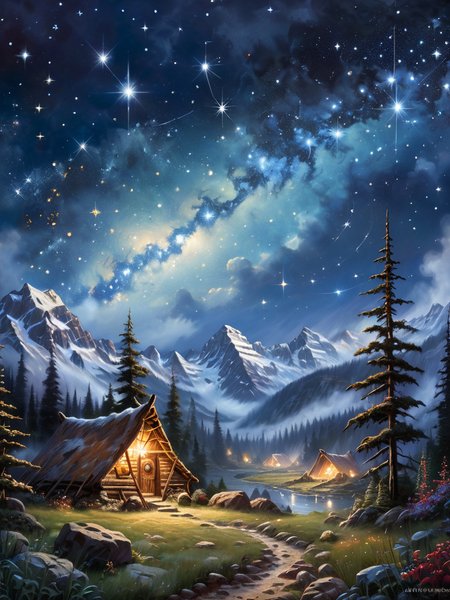 <lora:SS02ImpressionisticPainting_Hap_XL:1>,Thomas Kinkade style, The veitchii constellation paleo-(ChÅsokabe), close up,  paleolithic masterpiece,