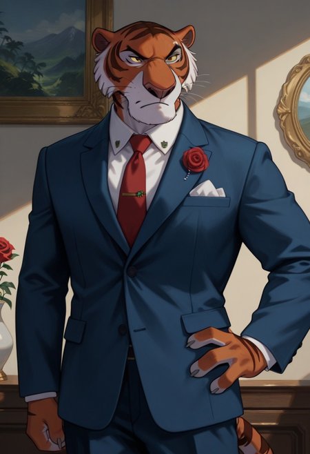 score_9, score_8_up, score_7_up, furry male, anthro, solo, (shere khan:1.2), tiger, yellow sclera, colored sclera, brown eyes, half-closed eyes, closed mouth, frown, chin tuft, cheek tuft, finger claws, striped tail, muscular, tall, navy blue suit, light blue dress shirt, red necktie, tie pin, rose lapel pin, button \(fastener\), 
hand on hip, standing, plantigrade, bust portrait, portrait, painterly, detailed face, 
inside, painted background, shadow, perfect lighting, 
masterpiece, detailed shading, hyperrealistic, realistic, intricate details, absurdres, 4k, 
 IllustriousQual, Stable_Yogis_Illustrious_Positives