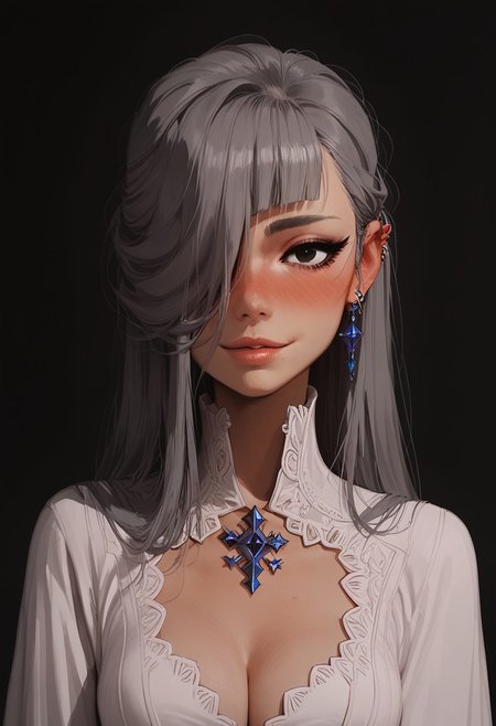 score_9, score_8_up, score_8. score_9, score_8_up, score_7_up, score_6_up, masterpiece, 4k, high quality, (best quality:1.1), ExpressiveH,(close up)
1girl, KJOhorn, black eyes, grey hair, long hair, hair over one eye, medium breasts, blushing, looking at viewer, seductive smile, g0dd3ss, white dress, cleavage
black background