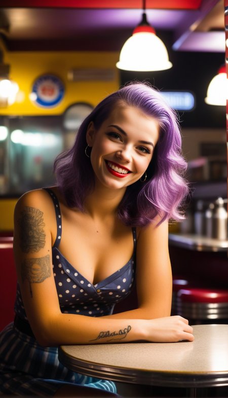street photography photo of a young woman with yellow+purple hair, smile, happy, cute shirt, cleavage1:5, tattoos on her arms, sitting in a 50s diner, dark, spotlight, silhouette Steps: 18, Face restoration: CodeFormer