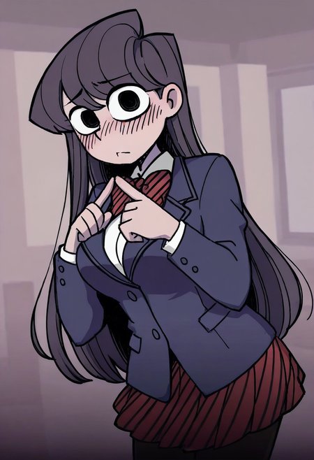 Masterpiece, best quality, aesthetic, high resolution, 1girl, solo, female, komi_shouko, black eyes, dark purple hair, long hair, school uniform, red bowtie, blue jacket, blazer, long sleeves, striped, pleated skirt, red skirt, black pantyhose, looking at viewer, index fingers together, shy, blush, 
Vanripper