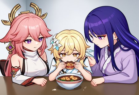 score_9, score_8_up, score_7_up, source_anime, 3girls, blankroomsoup, table, bowl, food <lora:meme_blankroomsoup_ponyXL:0.9>
3girls, yae miko, genshin impact, looking at another, japanese clothes, sideboob
3girls, lumine \(genshin impact\), sad, eating
3girls, raiden shogun, expressionless, looking at another, japanese clothes