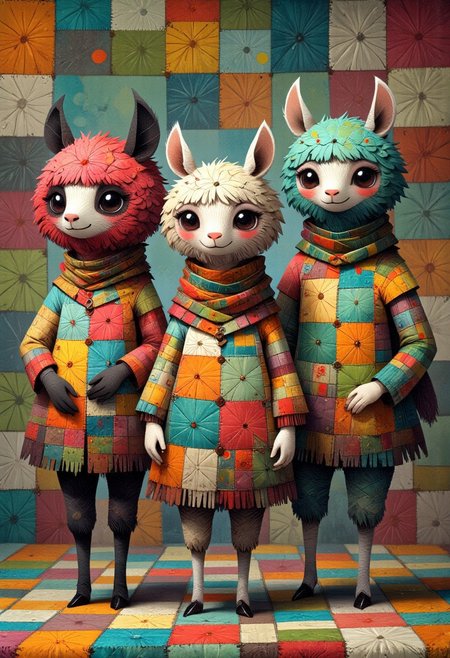 ppstorybook fantasy, Three different colored fluffy alpacas made out of patchwork fabric standing on a comfy patchwork blanket. They pose for the viewers in funny poses. Overall, the picture creates a feel-good atmosphere for the viewer.
