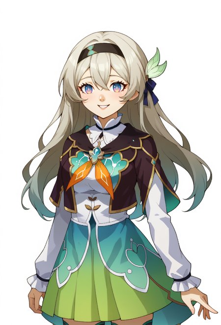 score_9, score_7_up, source_anime, BREAK <lora:zs_SMTIVPortraitsXL_2:0.9> smtivportraits, portrait, white background, solo,  <lora:ChamFireflyV2PonyXL:1> FireflyDefault, blue pupils, long hair, black hairband, hair ornament, brown capelet, frilled collar, white shirt, long white sleeves, green skirt, gradient thighhighs, smile,