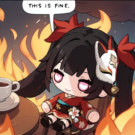 score_9, score_8_up, score_7_up, score_6_up, score_5_up, source_anime,
<lora:sparkle.pony.v2:1>, hisparkle, spdoll,
<lora:ThisIsFine_ponydxl_Incrs_v1:1.1>, comic, fire, sitting, speech bubble, burning, table, chair, cup,