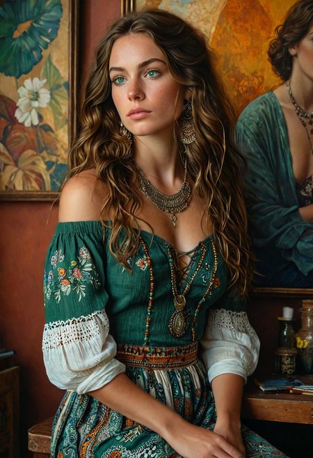 A meticulously detailed, hyper-realistic oil painting featuring a captivating boho woman with striking green eyes and long, wavy brunette hair. Her fair complexion is delicately adorned with freckles, and her contemplative expression captures a moment of deep thought. She wears an off-shoulder linen dress in an eclectic mix of traditional attire. The richly patterned maxi skirt, flowing blouse, and layered necklaces with intricate designs create a tapestry of bold colors and patterns,, its deep neckline drawing attention to her elegant necklace and an array of boho jewelry. The painting's background is muted, allowing her to stand out, with warm light casting golden highlights on her face and body. Shadows are carefully rendered to create depth, and the cool tones add contrast to the warm lighting. Dramatic chiaroscuro effects emphasize mood and intensity, while the artist's skillful brushstrokes bring depth and texture to the piece. Drawing inspiration from artists like Norman Rockwell, Steve H, poster, painting, 3d render, dark fantasy, photo, illustration, fashion, cinematic, vibrant.